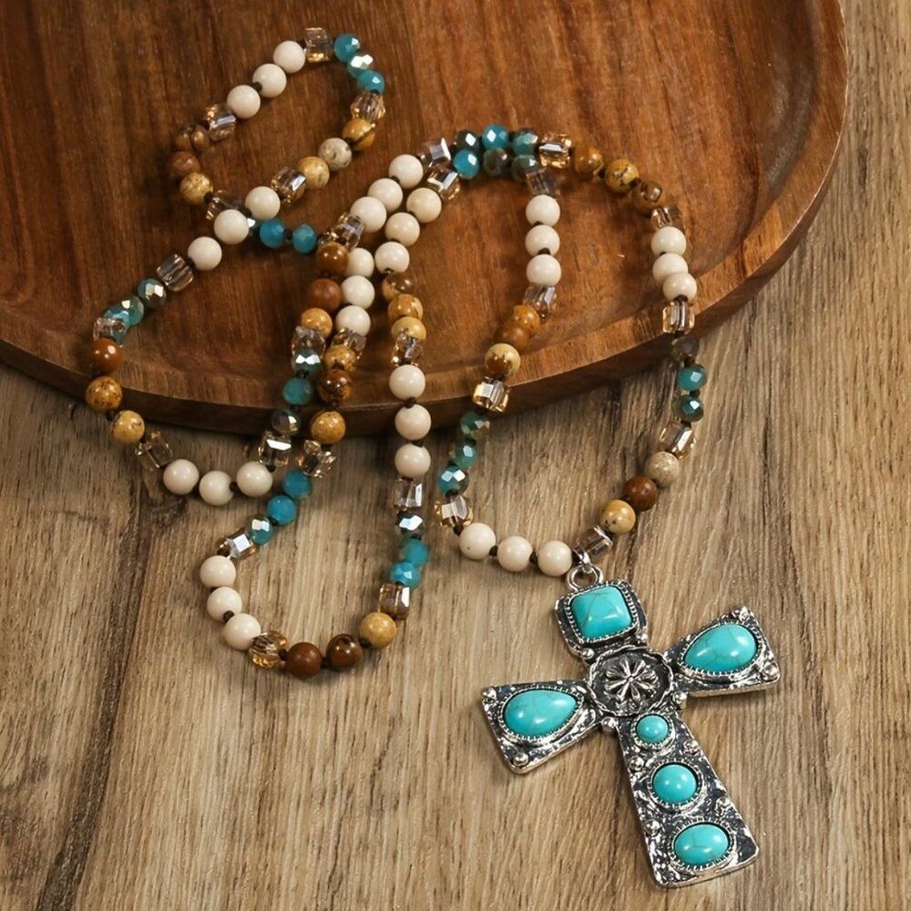 NWT Bohemian Faux Turquoise Cross Necklace Multi-Colored Beaded Statement - Picture 2 of 4